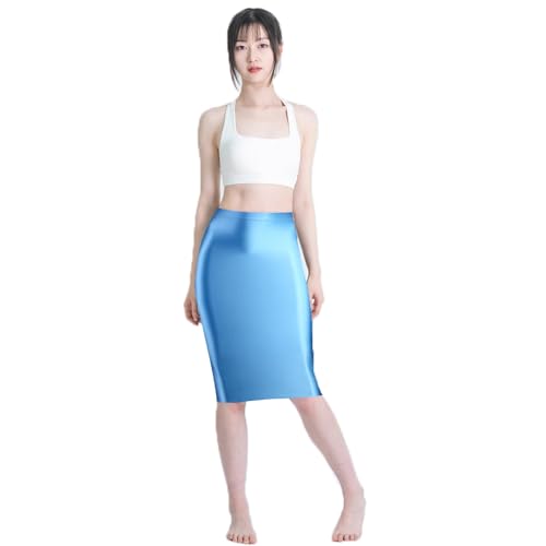 Satin Glossy Skirt Elastic Smooth Tight Skirt Oil Shiny Smooth One Step Skirt Elastic Silk Slim Knee Length Mid Skirt