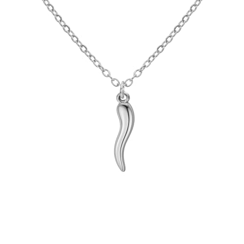 Dreamtimes Collar italiano con cuerno para mujer y hombre Collares con colgante de cuerno de acero inoxidable Collar con pimiento rojo Amuleto clásico Cornicello para la buena suerte (Plata)