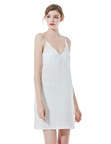 Beautelicate Women 100% Dress Slip With Side Split Cotton Slip Under Dress Above Knee Full Slip Adjustable Straps Nightgown White #TOP1