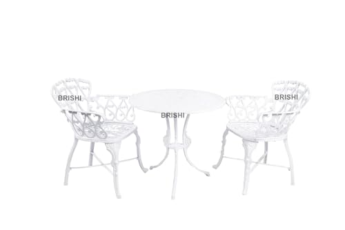 Image of BRISHI Cast Aluminium Garden Patio Seating Chair and Table Set for Balcony Outdoor Furniture with 1 Table and 2 Chair Set (White)
