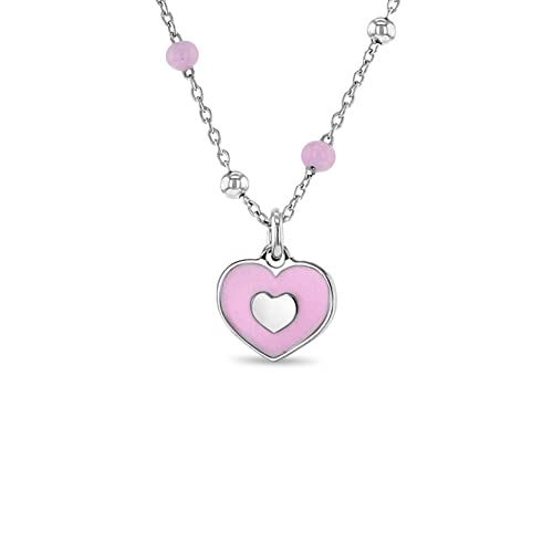 925 Sterling Silver Pink Enamel Heart Pendant Necklace For Little Girls 14
