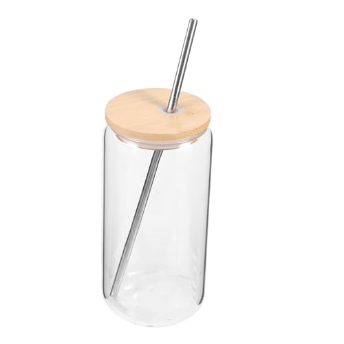 VALICLUD 玻璃製高硼硅ジュースカップ 蓋付き ステンレス製ストロー付き ガラスタンブラー 家用 飲料保存に