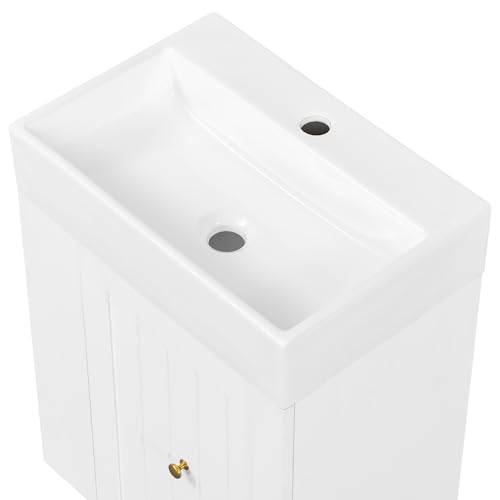 20" Floationg Wall-Mounted Bathroom Vanity with Ceramic Sink, Adjustable Shelf, Toilet Paper Holder, Modern Style, Drawer with Striped Design, White by Merax - Image 6