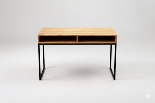 Image of Solid Wood Top & Iron Frame Study Table | Wooden Study Desk | Writing /Reading Desk with Two Open Shelfs for Study Room | Office | Living Room | Finish Color - Brown |