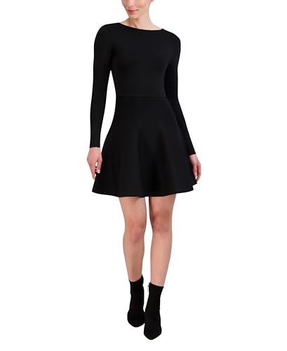 navy blue dress for baby girl BCBGMAXAZRIA Women's Long Sleeve Boat Neck Fit and Flare Sweater Knit Mini  Dress, Black, Small at Amazon Women's Clothing store