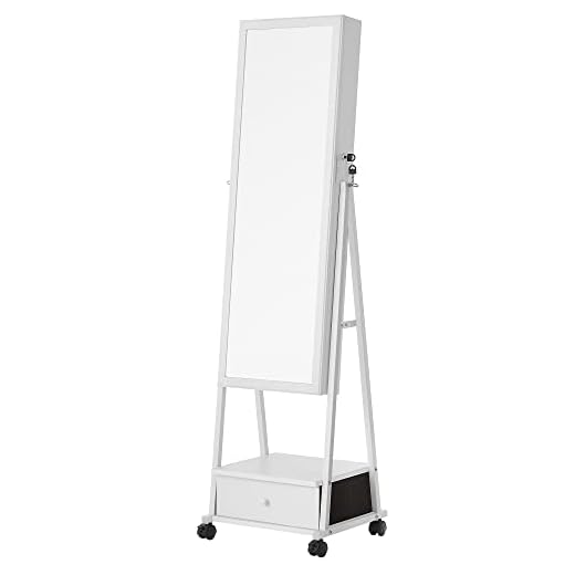 SONGMICS Smyckesskåp, helkroppsspegel, spegelskåp, låsbar smyckesarrangör med låda, hjul, presentidé, vit JJC004W02