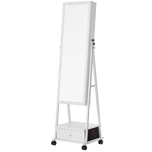 SONGMICS Miroir sur Pied avec Rangement, Armoire à Bijoux, Range-Bijoux, Psyche Miroir, Verouillable, avec Tiroir, Étagère, roulettes, Idée Cadeau, Blanc...