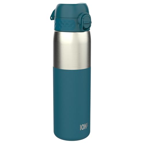 ion8 Botella Agua Inox Ligero, 600ml, Sin Aislamiento, a Prueba de Fugas, Fácil de Abrir, Cerradura Segura, Aptas para Lavavajillas, Fácil de Limpiar, Medio Corte Verde Azulado Oscuro