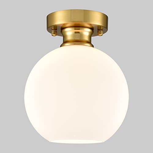 Image of Gold Semi Flush Mount Ceiling Light with Milk Opal Glass Shade | Opaque Ceiling Light Fixture with Hand-Blown Glass, Impurity-Free, Quick Installation for Living Room Bedroom Hallway