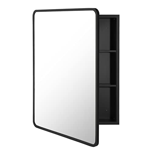 Image of Movo Medicine Cabinet with Mirror, 20 Inch x 28 Inch Farmhouse Black Metal Framed Rectangle Bathroom Mirror Cabinet, Recess or Surface Mount