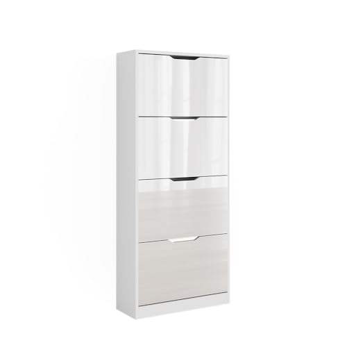 Vicco Schuhkipper Luca, Weiß/Weiß Hochglanz, 59 x 137 cm mit 4 Klappschubladen