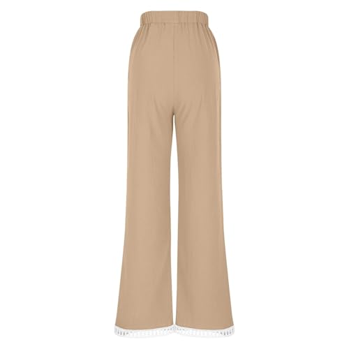 Image of Linen Pants Women Petite Straight Leg Pants Summer Beach High Waisted Pant Vacation Wide Leg Trousers with Pockets