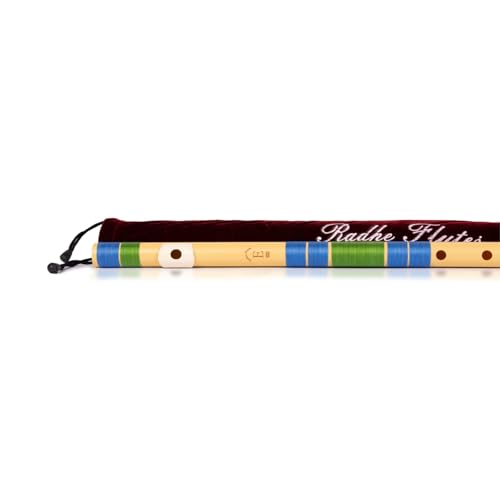 Image of Radhe Flutes | E Natural Right Handed Base Bansuri | Tuned With Tanpura A=440Hz | PVC Flute + Velvet Cover + Hindi & English Flute Lessons | PERENT (Beige Flute With Blue & Green Threads)