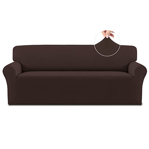Easy-Going Fleece Stretch Sofa Slipcover Spandex Non-Slip Soft Couch Sofa Cover, Washable Furniture Protector with Anti-Skid Foam and Elastic Bottom for Kids, Pets(Sofa, Chocolate)
