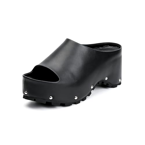 Image of XOBZJH Long-Hair Calfskin Chunky Clog Slide for Women - Memory Foam Luxury Slip on Shoes Women's Mules & Platform Clogs,Designer Mules for Women 2025