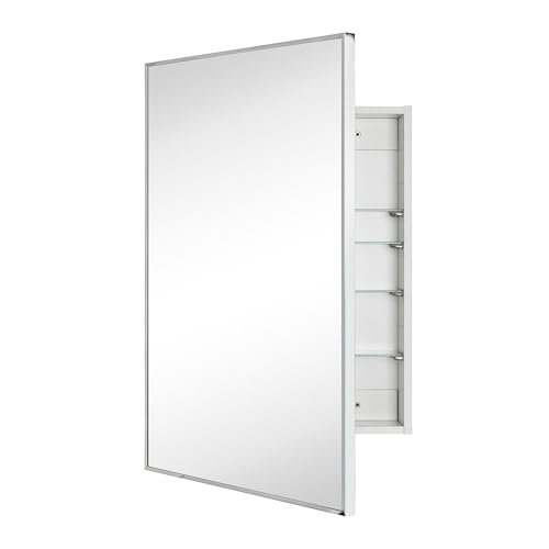Image of TEHOME 24'' x 30'' Chrome Recessed and Surface Mount Bathroom Medicine Cabinet with Mirror Square Cornered Metal Framed Rounded Rectangle Medicine Cabinet Mirror