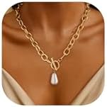 Chunky Gold Necklace for Women Trendy Non Tarnish 14K Gold Plated Paperclip Chain Charm Necklaces Chunky Heart Cross Clover Pearl Pendant Necklace with Toggle Clasp Statement Jewelry Gift for Women