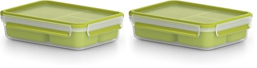 Emsa Clip & Go 518100 Lunch- und Snackbox | Mit 3 praktischen Einsätzen und Deckel | Volumen: 1,2 Liter | Transparent/Grün | 1 Stück (2er Pack)