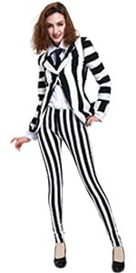 miccostumes Womens Black White Vertical Striped Horror Costume Blazer Legging Pants with Tie (XL Black & White)