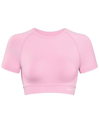 Image of AUROLA Influence Women Crop Top Short Sleeve Compression Workout T-Shirt | Raglan Short Sleeve Crop Top, High-Stretch Seamless Knit, Stay-Put Ribbed Underband, Soft Breathable Comfort