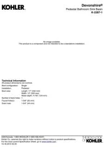 Technical drawing for KOHLER Devonshire Pedestal Bathroom Sink Basin K-2287-1, showing dimensions for bowl area (length 17 inches, width 12 inches, water depth 4-1/2 inches) and faucet hole (1-3/8 inches).