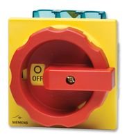 SIEMENS 3LD2003-0TK53 SENTRON, 3LD DISCONNECTOR, Emergency Switching-Off Switch, 3-Pole, 16 AMP, Front MOUNTING, RED/Yellow Rotary Mechanism, 4-Hole Handle MOUNTING