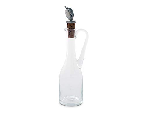 Vagabond House Hand-Blown Cruet Glass Bottle with Cork Stopper and Solid Pewter Olive Handle - Oil and Vinegar Bottle 9 inch Tall 5 oz