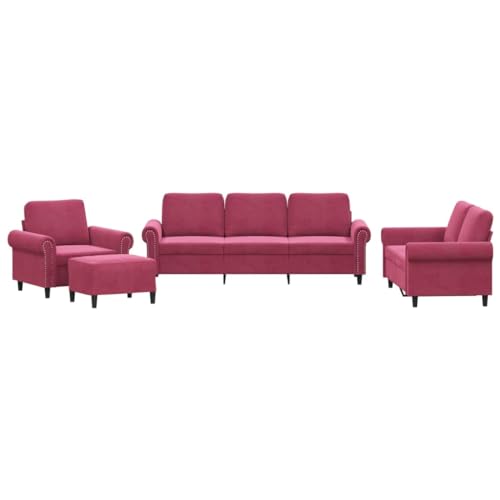 vidaXL Juego de 4 sillones con cojín reposapiés, sofá de salón con reposabrazos, sofá de diseño, muebles tapizados, color rojo vino