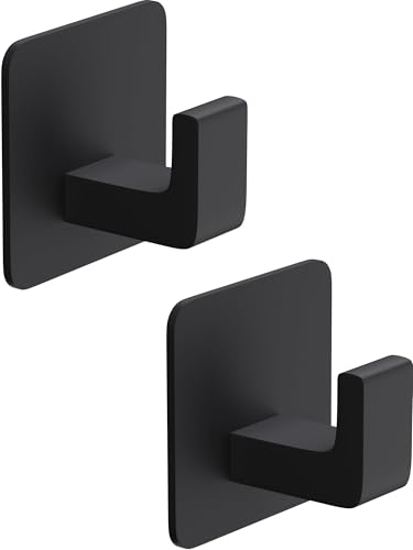 GWAAZXGZ Square Self Adhesive Towel Hooks - 2 Pack Matte Black Metal...