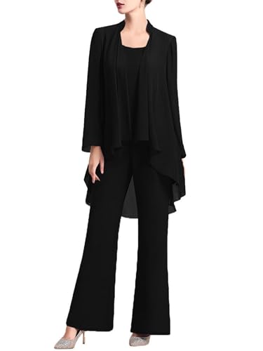 Manyakai Traje de Noche Elegante de Gasa para Mujer Conjunto Cóctel de Tres Piezas Cárdigan Larga y Camiseta sin Manga y Pantalones de Holgados Informal S-3XL Negro L