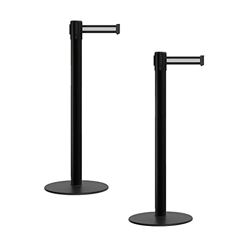 CCW Set of 2 Stanchion Retractable Belt Barriers, Low Profile Base (11 Foot Belt, Black with White Horizontal Stripe Belt with Black Post)