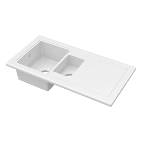 Balterley Ceramic Kitchen Sink with Drainer & Overflow Hole 101cm Bowl Inset Fireclay White Kitchen Sink 1.5 Double Bowl Reversible Ceramic Sinks with Plain Drainer - 1010 x 525 x 235mm (White)