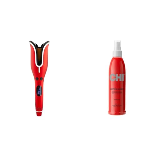 CHI Spin N Curl Ceramic Rotating Curler, Ruby Red. Ideal for Shoulder-Length Hair Between 6-16” inches. & 44 Iron Guard Thermal Protection Spray, Clear, 8 Fl Oz