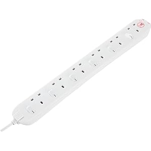 Masterplug Six Socket Extension Lead, 2 Metre Cable, Surge Protection, Individual Switches, Power and Surge LED Indicators, 6-Way Plug Extension Cable, Power Strip, White, 13A, 6G, 2m, SWSRG6210N