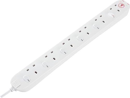 Masterplug Six Socket Extension Lead 2 Metre Cable Surge Protection Individual Switches Power and Surge LED Indicators 6-Way Plug Extension Cable Power Strip White 13A 6G 2m SWSRG6210N