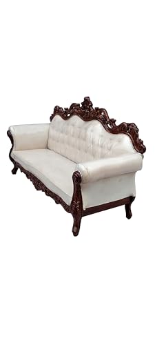 Image of Wooden 5 Seater Sofa Set | 3 +1 + 1 Solid Wood Hand-Carved White Heavy Sofa | Traditional Design Furniture for Living Room | Home | Office
