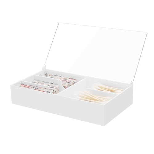 Beautyflier Organizer Case for Band-Aid Flexible Fabric Bandages Acrylic Holder for First Aid Bandage Storage Box for Cotton Swab Pills Paper Clips Flip Cover - Anti-Dust Case Only (White)