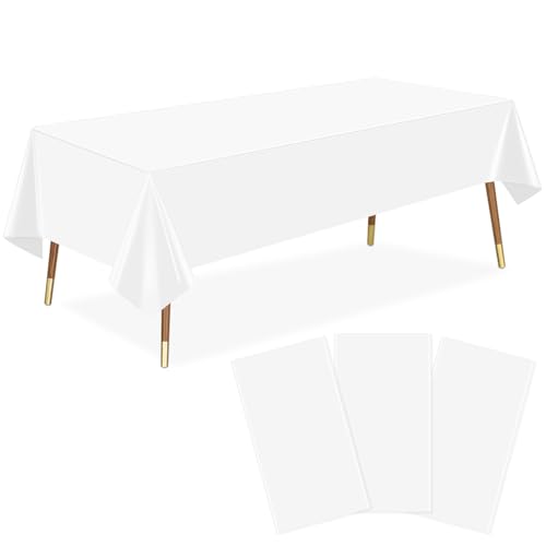 Image of LANLISA 3 Pack Plastic Table Cloth Disposable, White Table Cloth for Rectangle Table, 54 x 108 Inch Disposable Tablecloth for Party, Plastic Table Cover