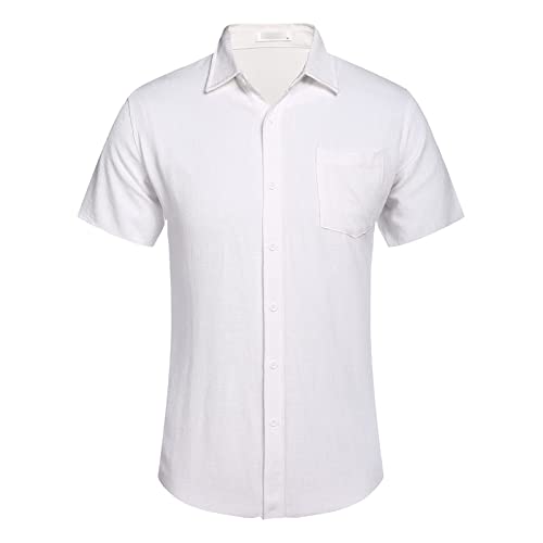 Men's Casual Linen Button Down Shirt Solid Short Sleeve Summer Beach Shirts Classic Fit Lightweight Blouses Tops (White,X-Large)