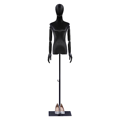 Female Dress Form Mannequin Black Velvet Manikin Torso Body With Solid Wood Arm And Metal Square Base, Height Adjustable (47"-83") Great For Colthing Dress Jewelry Display #TOP16