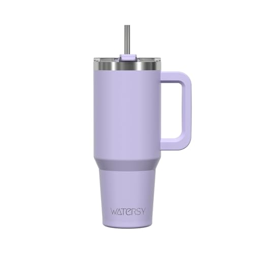WATERSY 891ml Mug Isotherme avec Paille et Poignée, 30oz Double Acier Inoxydable Violet Tasse de Voyage Isotherme, Anti-fuite, Gobelet à Café à Emporter,...