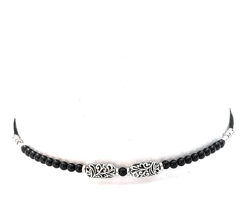 Black Onyx Hatband Silver Vine Bead Adjustable Size For Western Fedora Straw Panama Style Hats