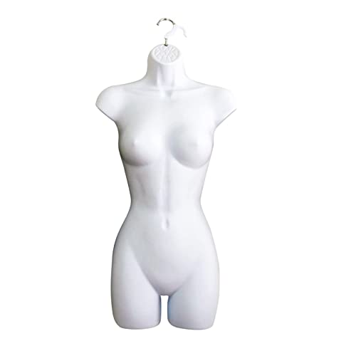 DisplayTown Female Mannequin Hip Long Torso Hollow Back Body Stackable Dress Form with Hanging Hook for Tshirt Display, Countertop, Craft Show, Photos and Design, S-M Clothing Size (White, Set of 1)