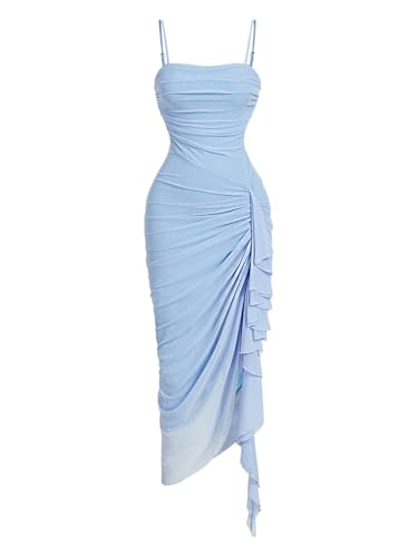 Women's Ruffle Cami Dress Spaghetti Strap Asymmetrical Hem Sleeveless Bodycon Y2k Midi Dresses