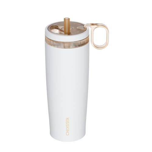 Image of KISSKIND 20 Oz Iced Coffee Tumbler with Hidden Straw, Insulated Stainless Steel Coffee Tumbler, Leakproof Ceramic Lined Travel Cup for Subway Commuting, Slim Tumbler for To-Go, Clean Brew