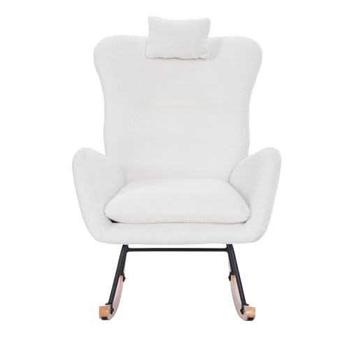 EASTALOLO Rocking Chair Nursery Teddy Upholstered, Glider Rocker Rocking Accent Chair for Living Room Bedroom(White Teddy)