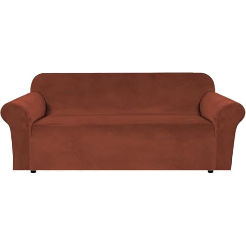 H.VERSAILTEX Stretch Velvet Sofa Covers for 3 Cushion Couch Covers Furniture Protector Soft with Non Slip Elastic Bottom, Crafted from Thick Comfy Rich Velour (Large Sofa 90"-97", Rust)
