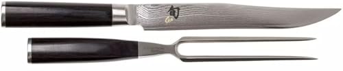 KAI Shun Classic japanisches Tranchier Set - Tranchiermesser 20 cm Klingenlänge Damast 32 Lagen VG MAX Kern - 61 (±1) HRC - Tranchiergabel 16,5 cm Zinken Edelstahl - Pakkaholzgriff schwarz