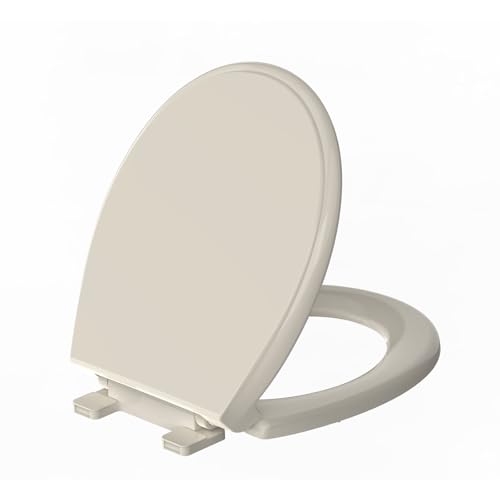 Round Toilet Seat Almond 16.5 Inch Soft Close Toilet Seat Quiet No Slam Toilet Lid Easy Install & Quick Release Durable PP Plastic Easy Clean Fits Most Standard Round Toilets Almond