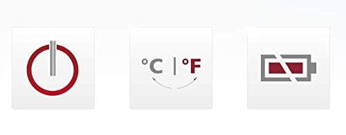 Icons for power, Celsius/Fahrenheit switch, and low battery